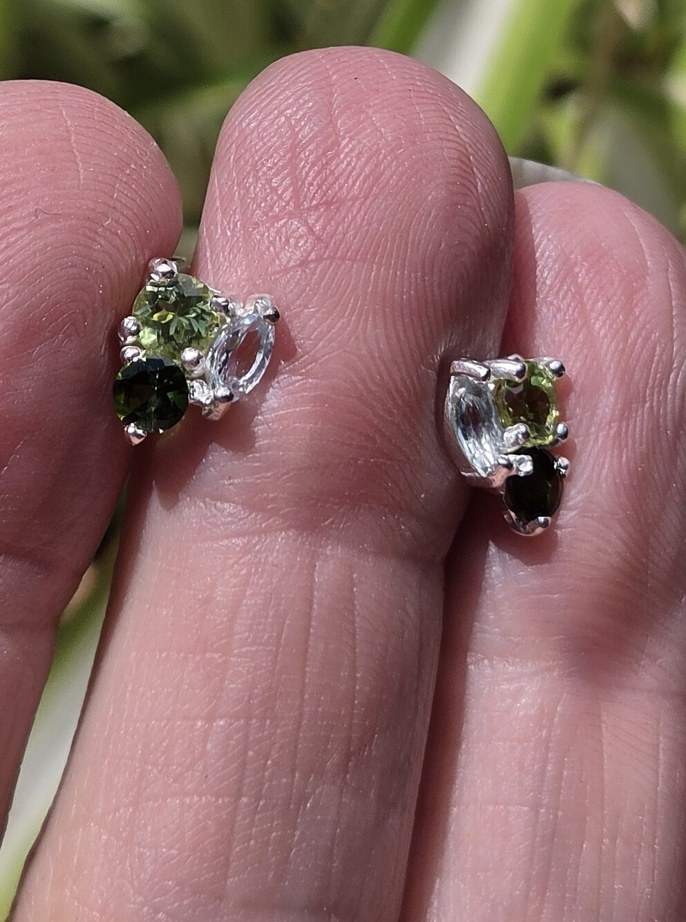 Blue Topaz Peridot & Crome Diopside Natural Sterling & White Gold Earrings - Picture 5 of 9